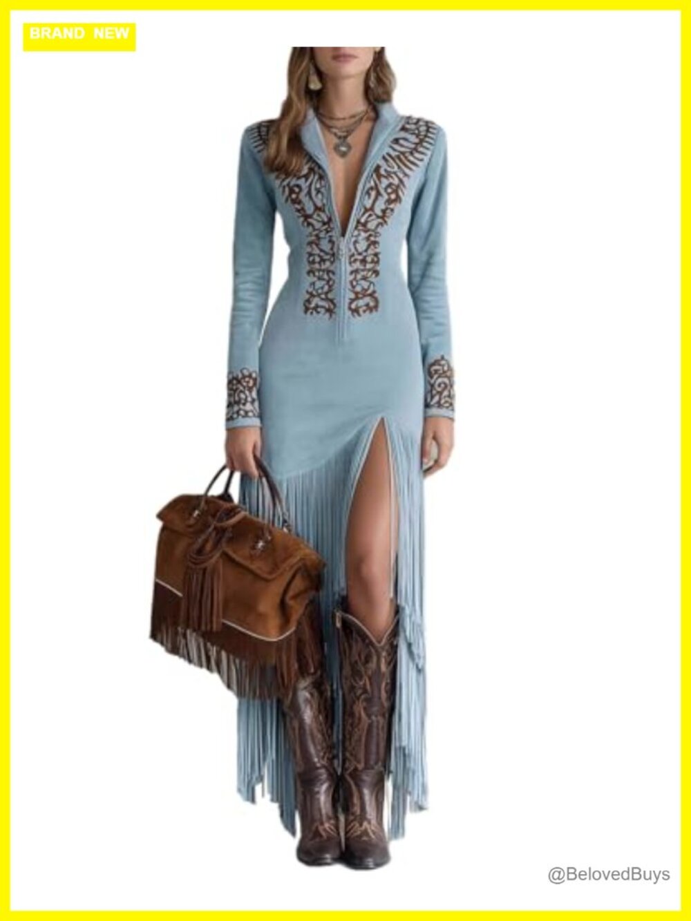 Faux Suede Fringe Western Maxi Dress Embroidered Bodycon